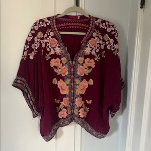 Johnny Was Red and Pink Boxy Blouse with Flutter Sleeves